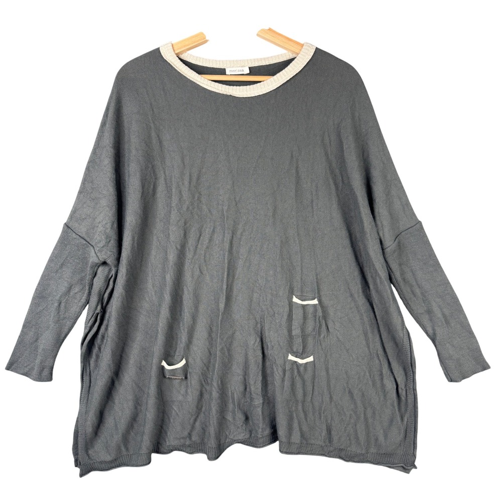 Mer-Sea Charleston Pocket Sweater Gray Cream Trim Oversized Long Sleeve Pockets